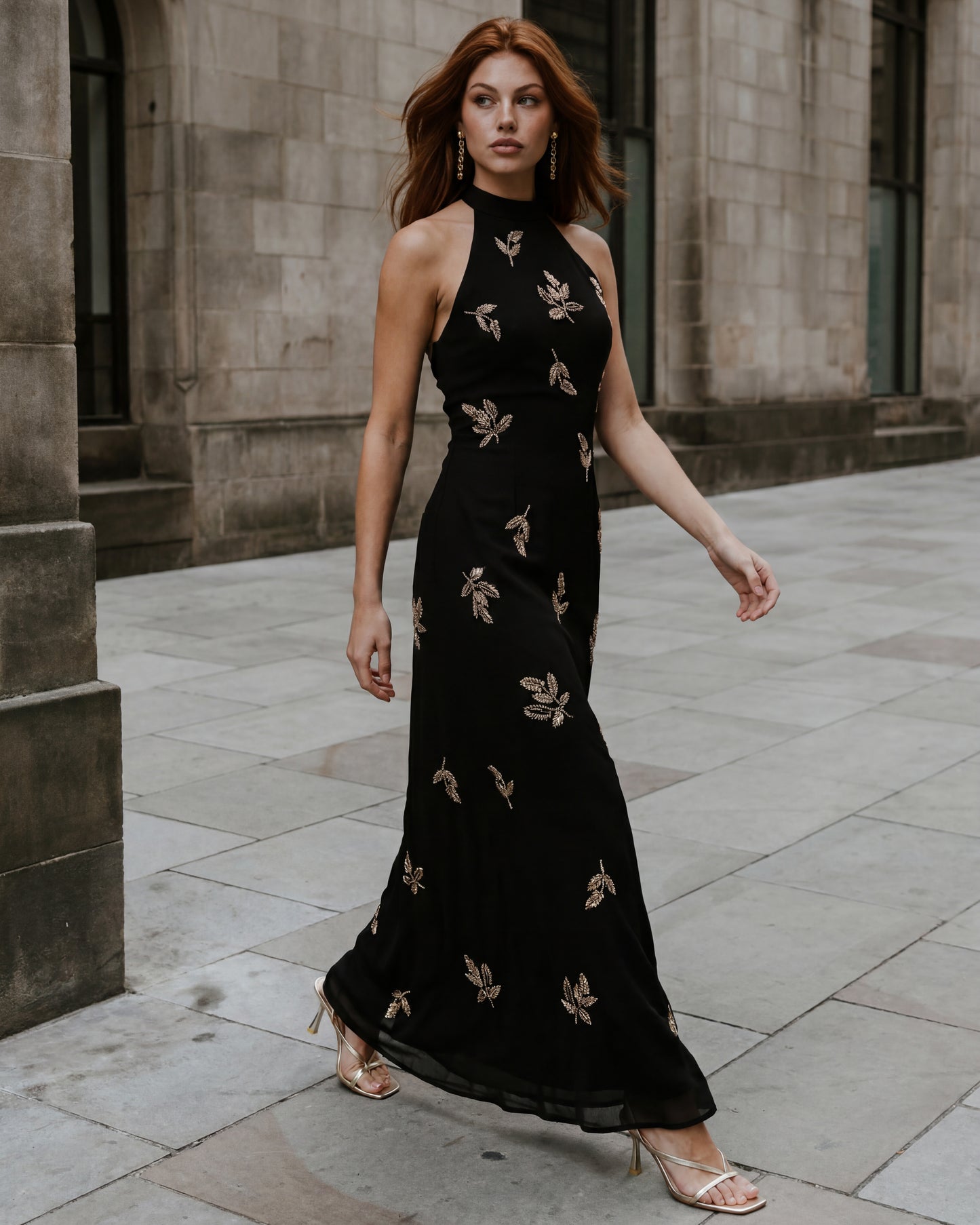 Maya Black Embellished Halter Neck & Open Back Maxi Dress