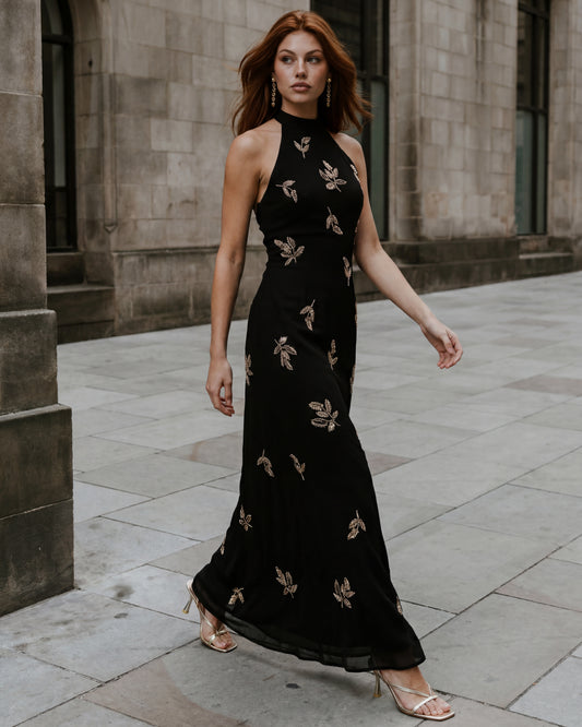 Maya Black Embellished Halter Neck & Open Back Maxi Dress