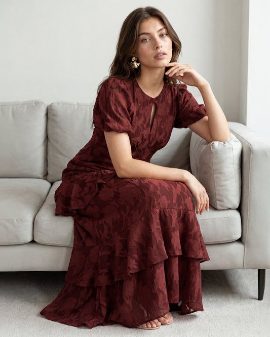 Anaya With Love Recycled Chocolate Floral Burnout Tiered Midaxi Dress
