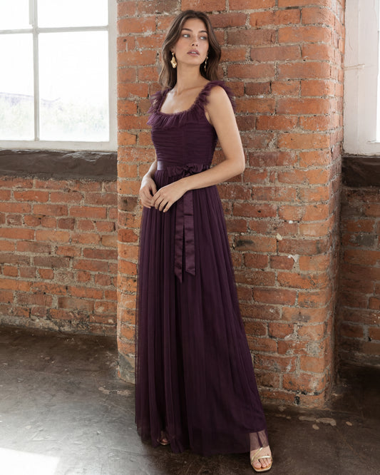 Anaya With Love Recycled Fig Strappy Ruffle Maxi Dress with Sash Belt