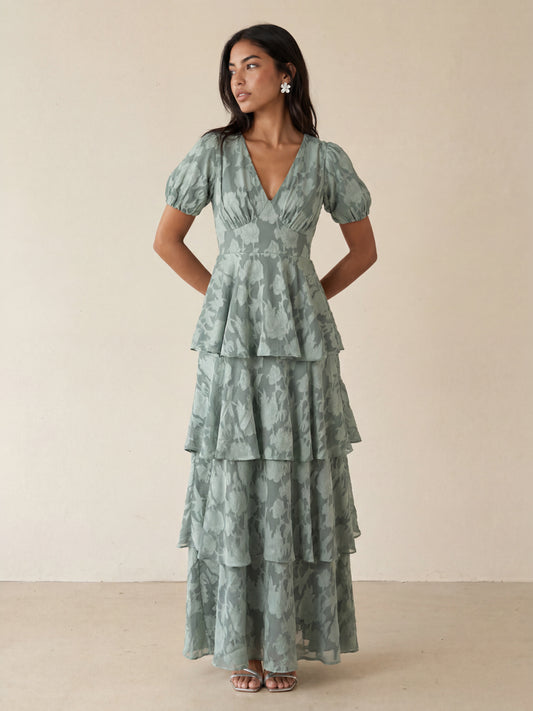Anaya With Love Recycled Willow Green Floral Burnout Tiered Maxi Dress