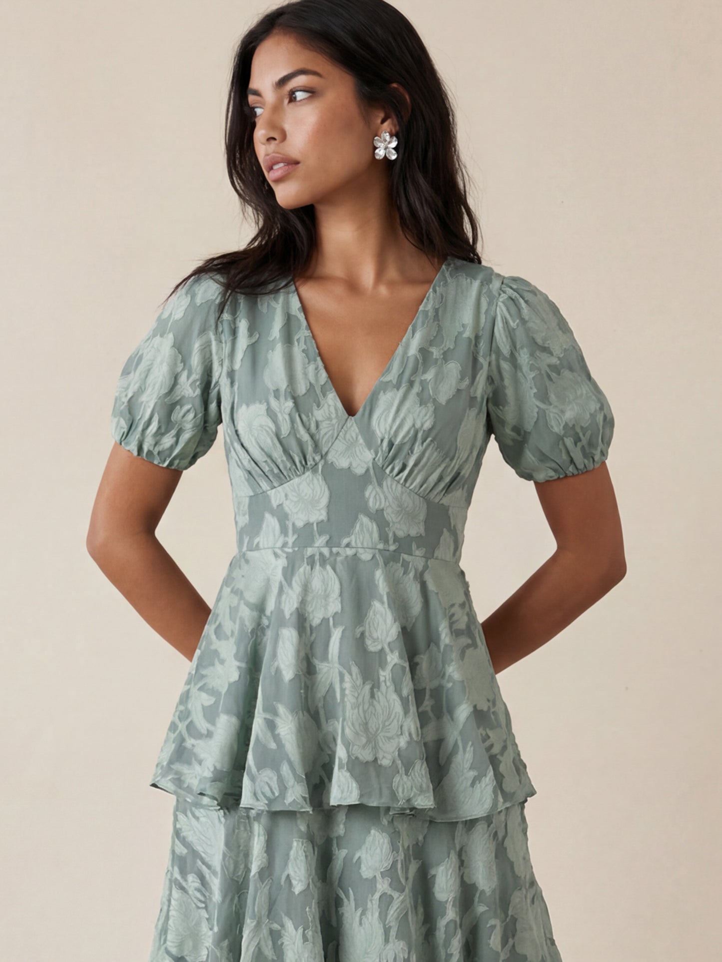 Anaya With Love Recycled Willow Green Floral Burnout Tiered Maxi Dress