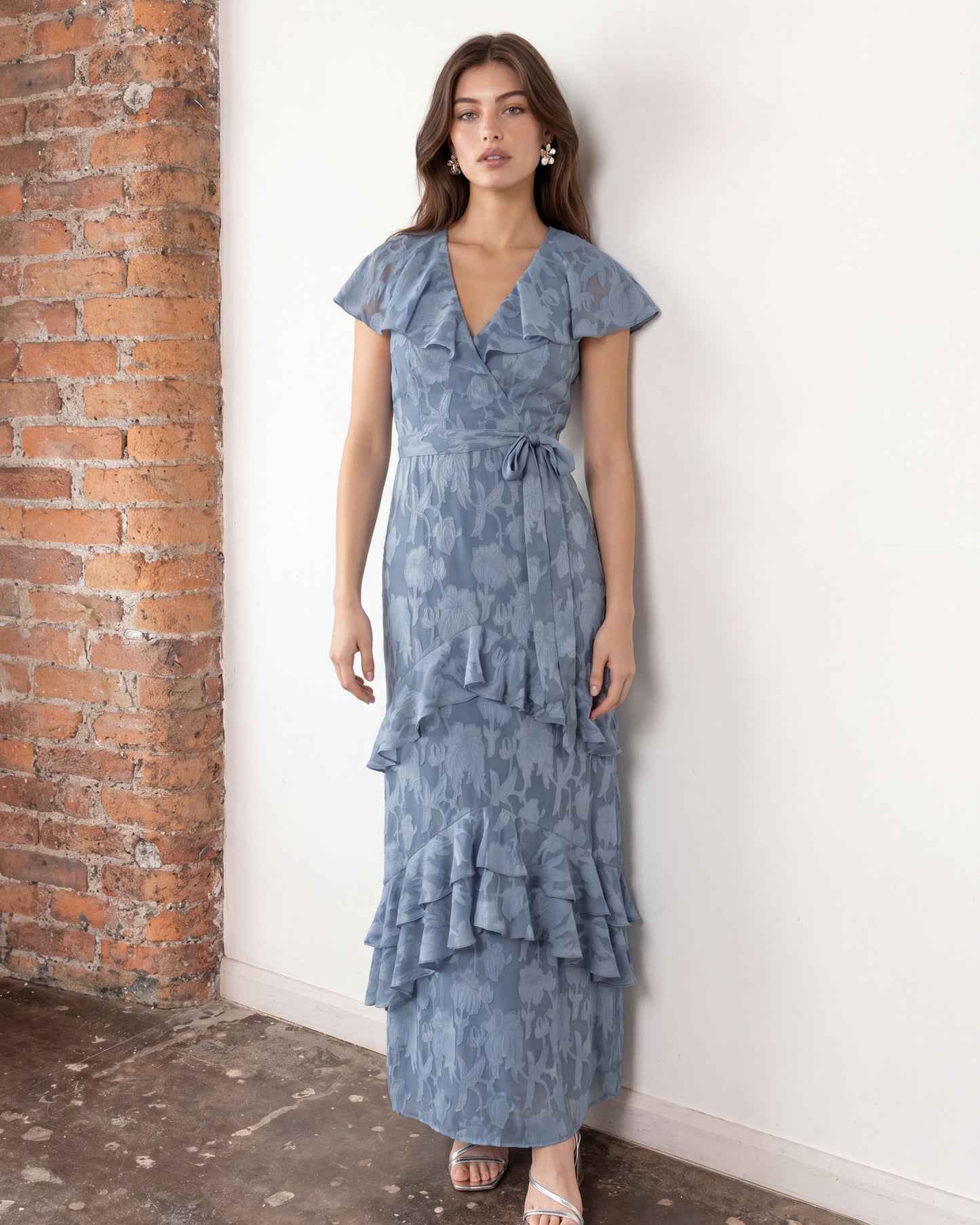 Anaya With Love Recycled Opal Blue Floral Burnout Cape Detail Maxi Dress