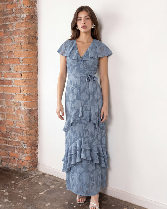 Anaya With Love Recycled Opal Blue Floral Burnout Cape Detail Maxi Dress