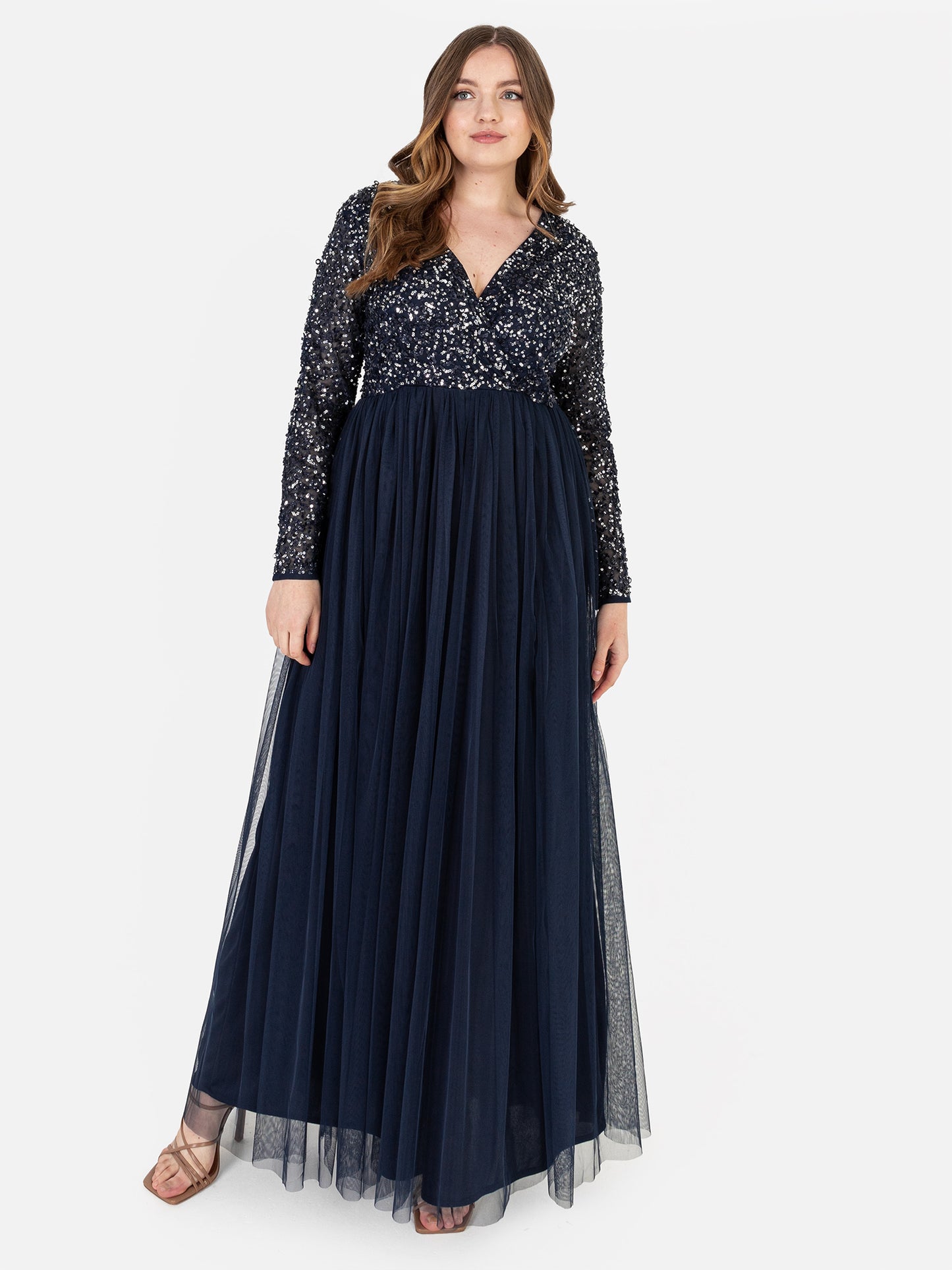 Maya Navy Faux Wrap Front Embellished Maxi Dress