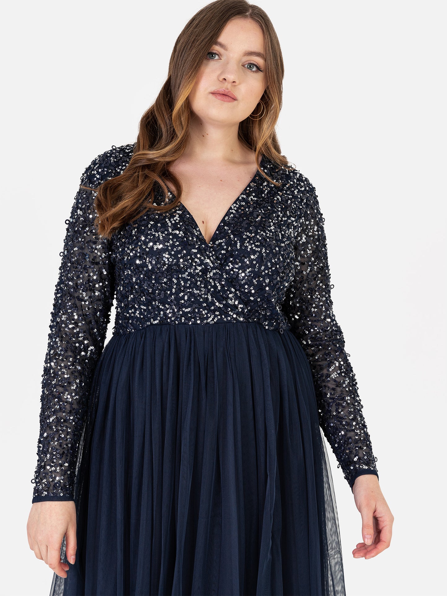 Maya Navy Faux Wrap Front Embellished Maxi Dress