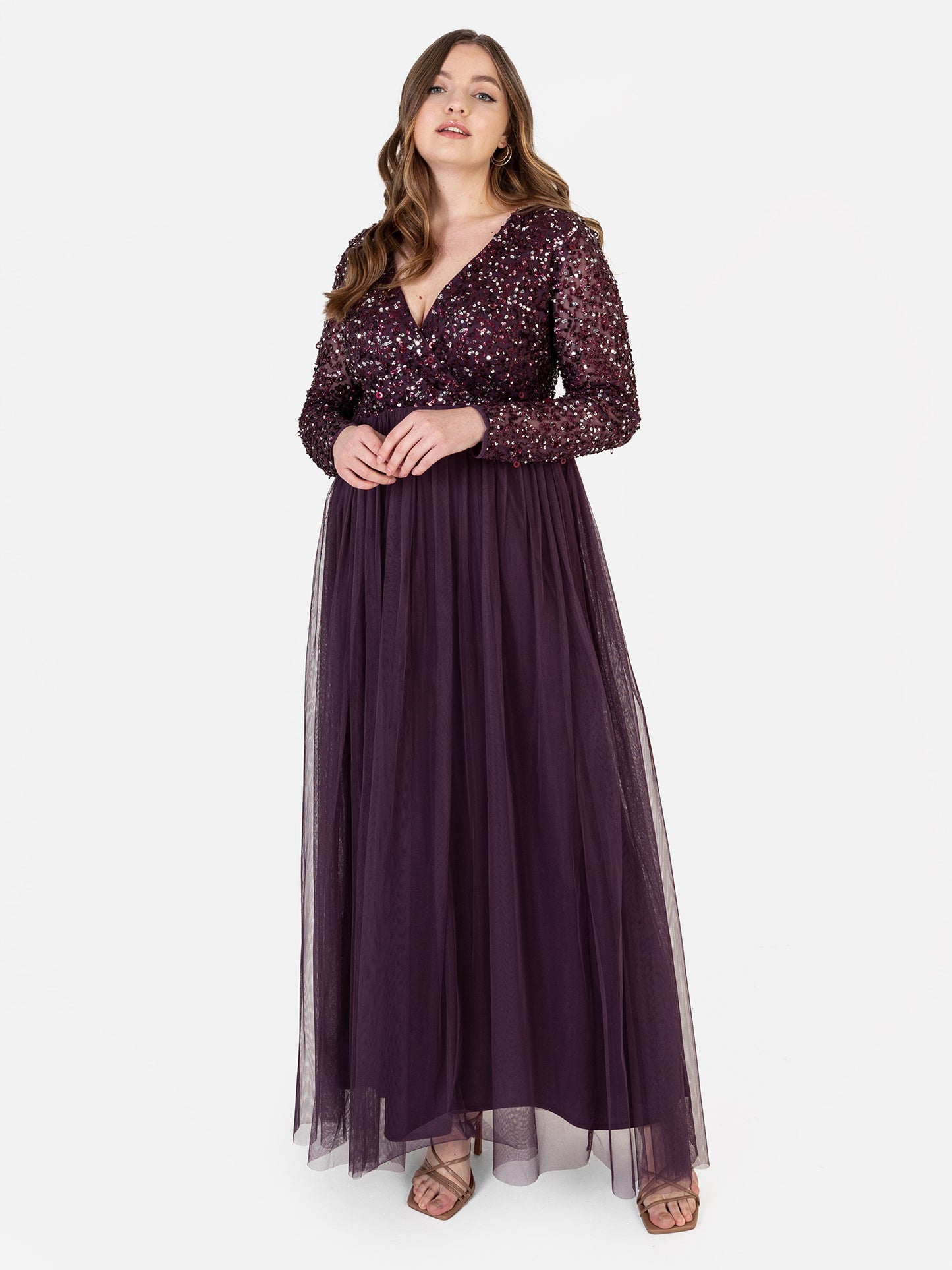 Maya Berry Faux Wrap Front Embellished Maxi Dress