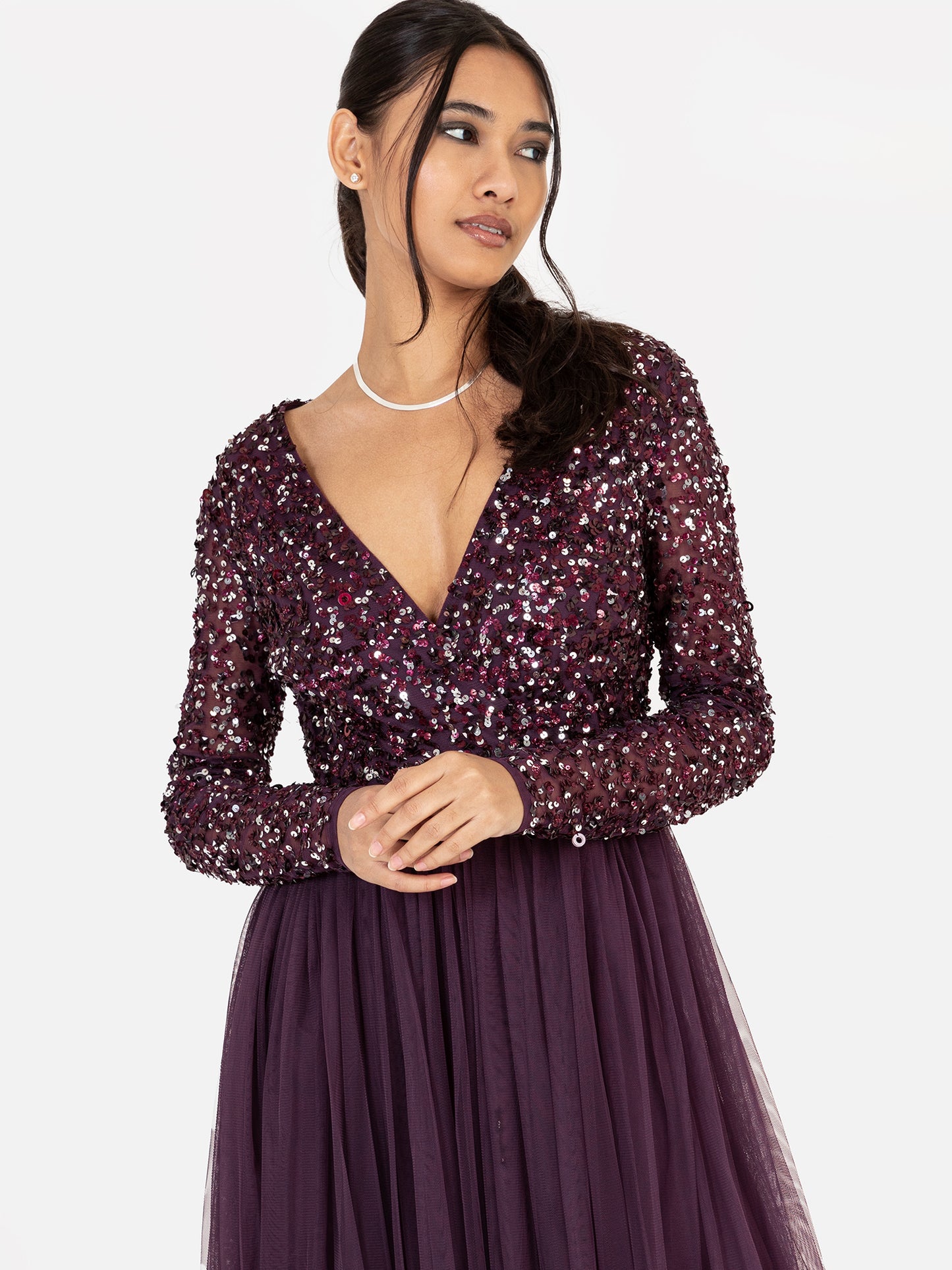 Maya Berry Faux Wrap Front Embellished Maxi Dress