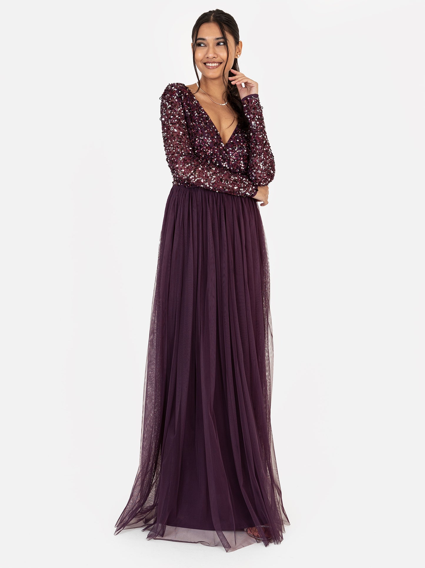 Maya Berry Faux Wrap Front Embellished Maxi Dress