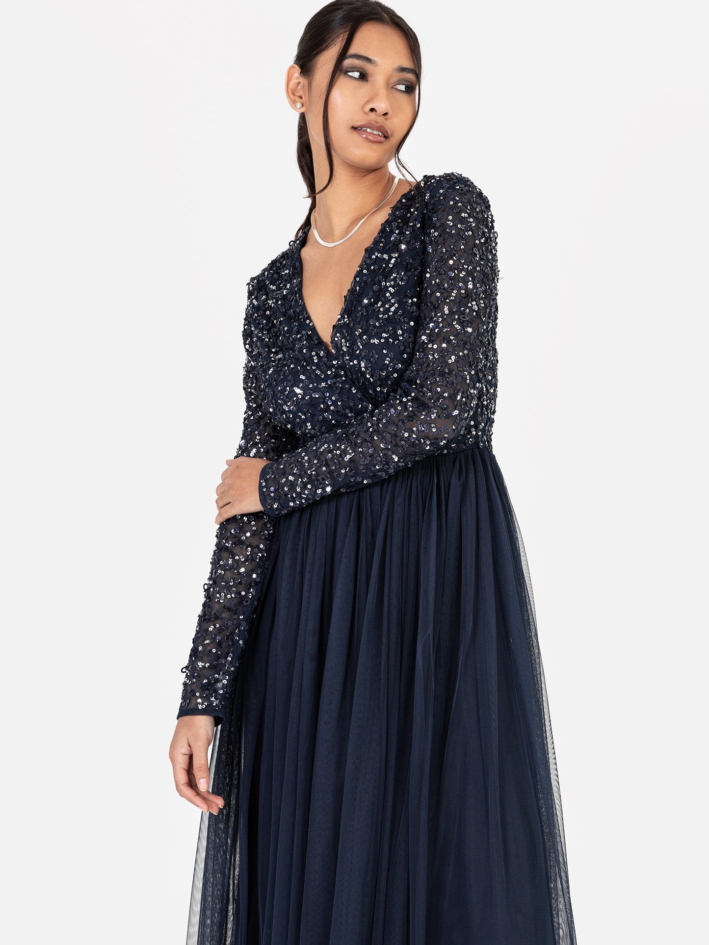 Maya Navy Faux Wrap Front Embellished Maxi Dress