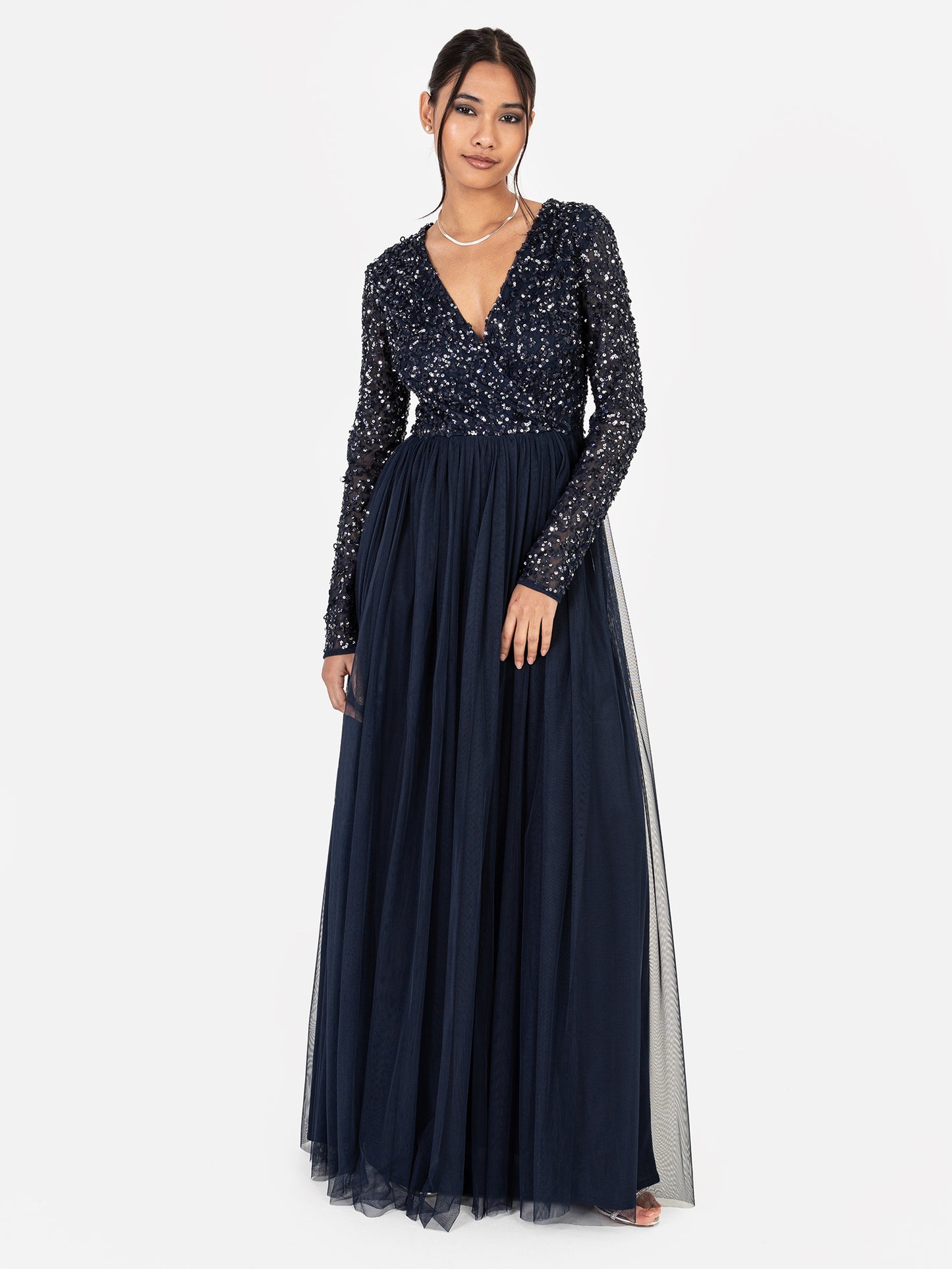 Maya Navy Faux Wrap Front Embellished Maxi Dress