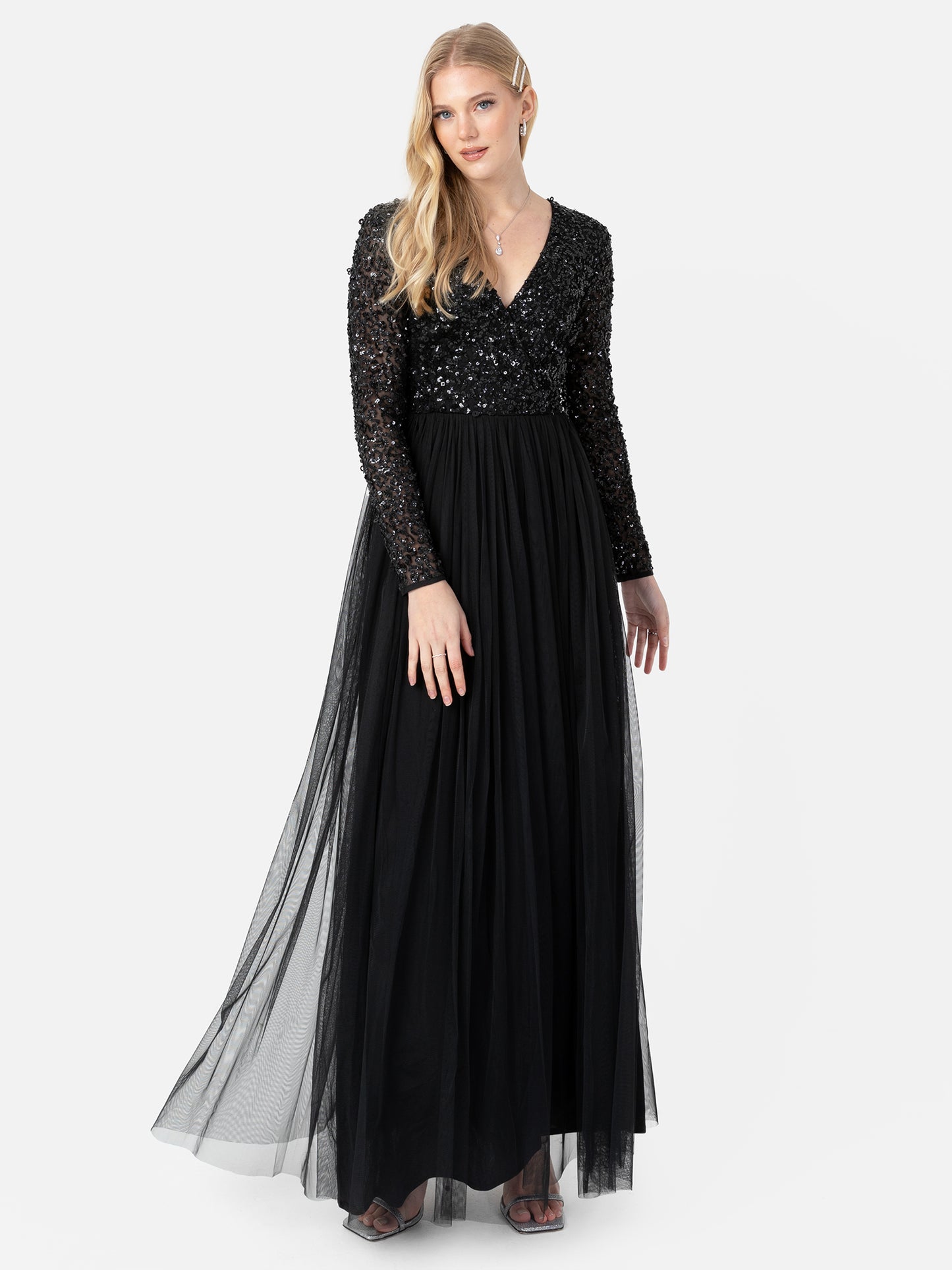 Maya Black Faux Wrap Front Embellished Maxi Dress