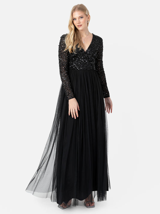 Maya Black Faux Wrap Front Embellished Maxi Dress