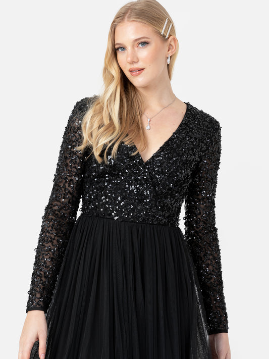 Maya Black Faux Wrap Front Embellished Maxi Dress