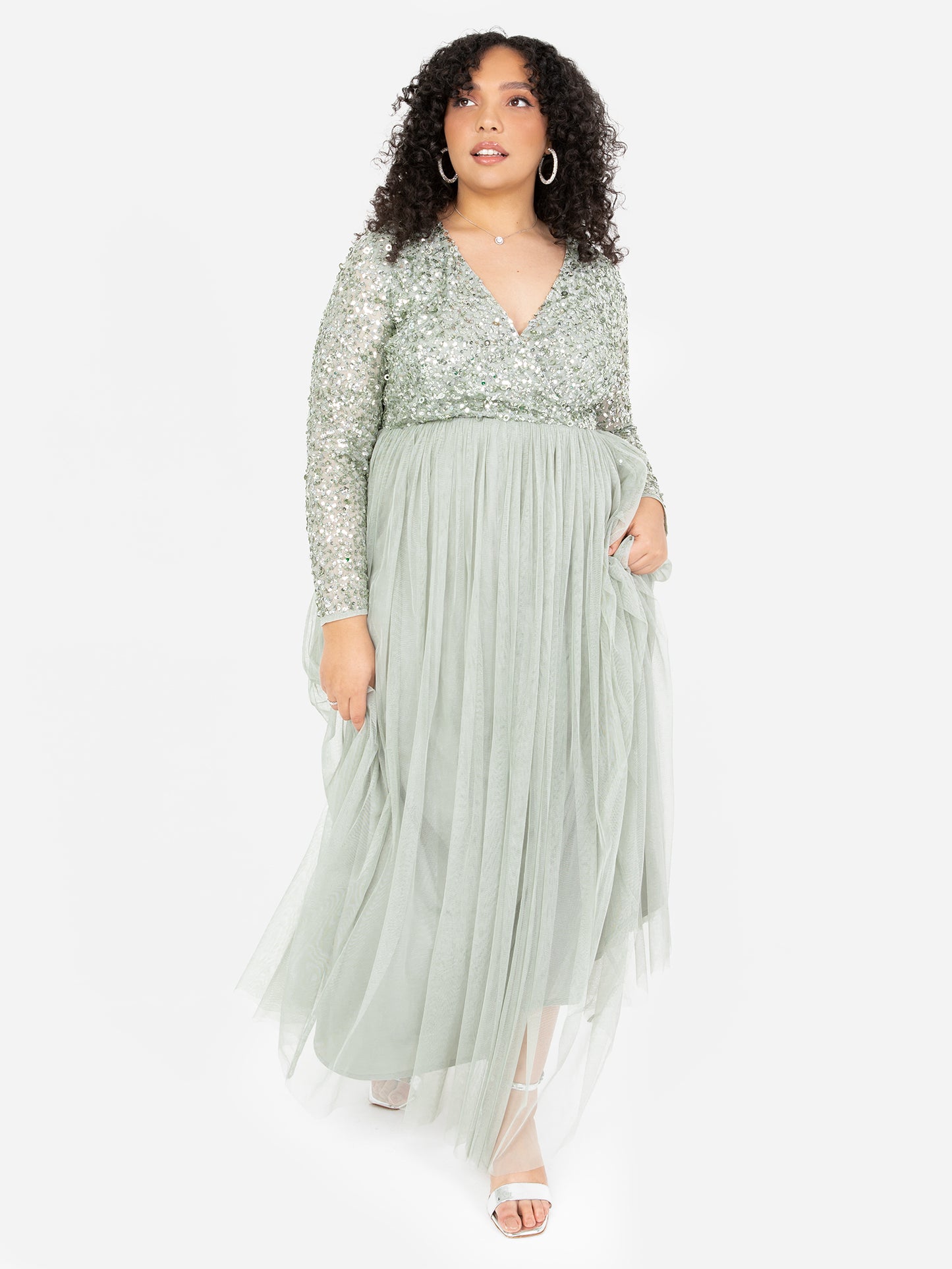 Maya Sage Green Faux Wrap Front Embellished Maxi Dress