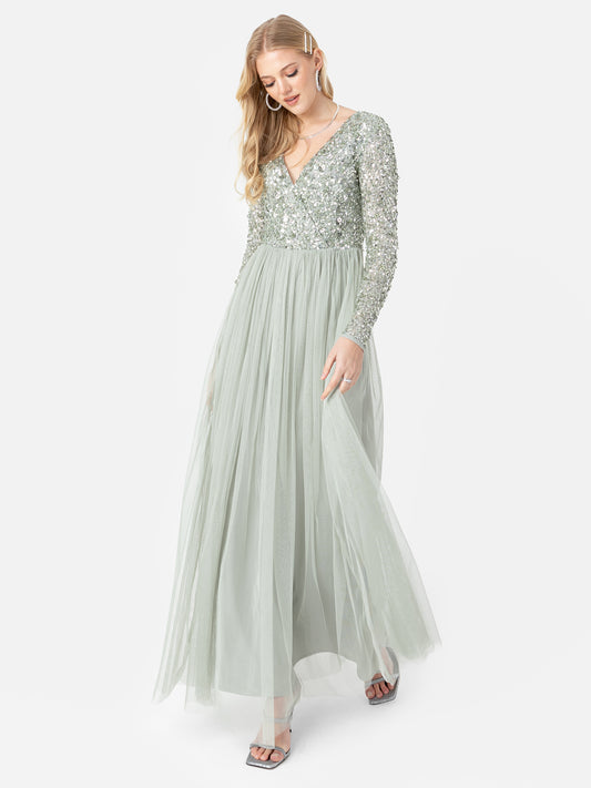 Maya Sage Green Faux Wrap Front Embellished Maxi Dress