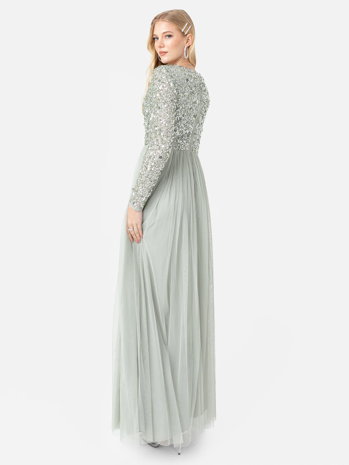 Maya Sage Green Faux Wrap Front Embellished Maxi Dress