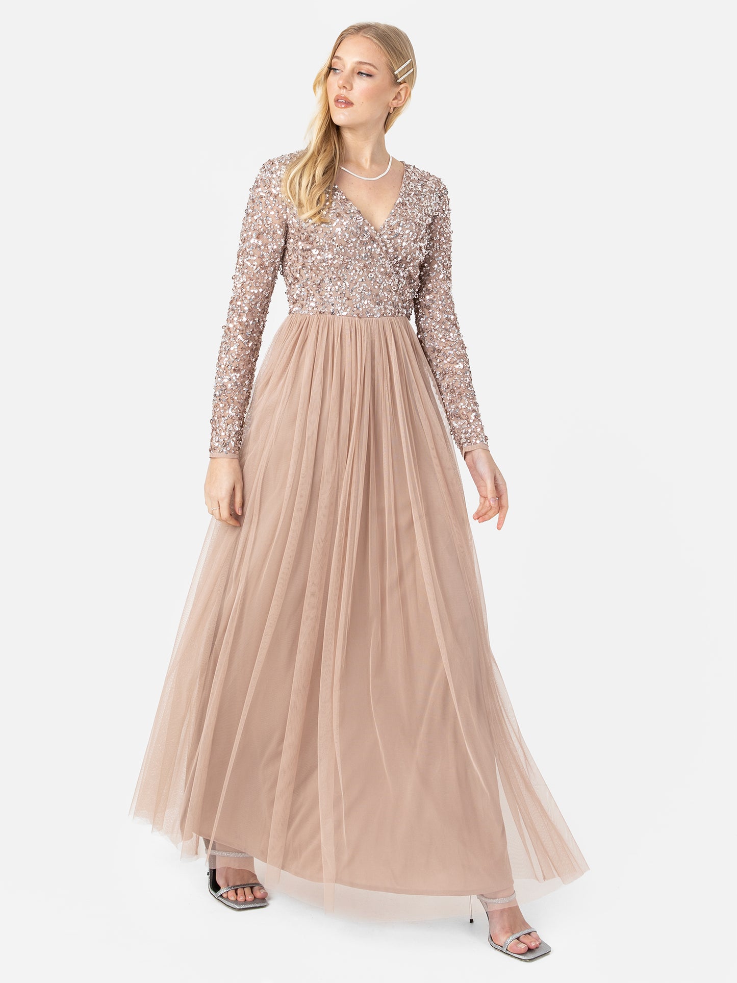 Maya Taupe Blush Faux Warp Front Embellished Maxi Dress