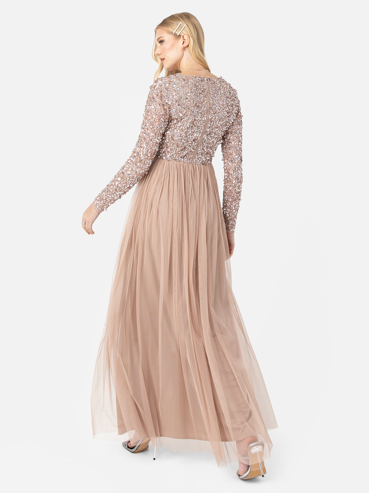 Maya Taupe Blush Faux Warp Front Embellished Maxi Dress