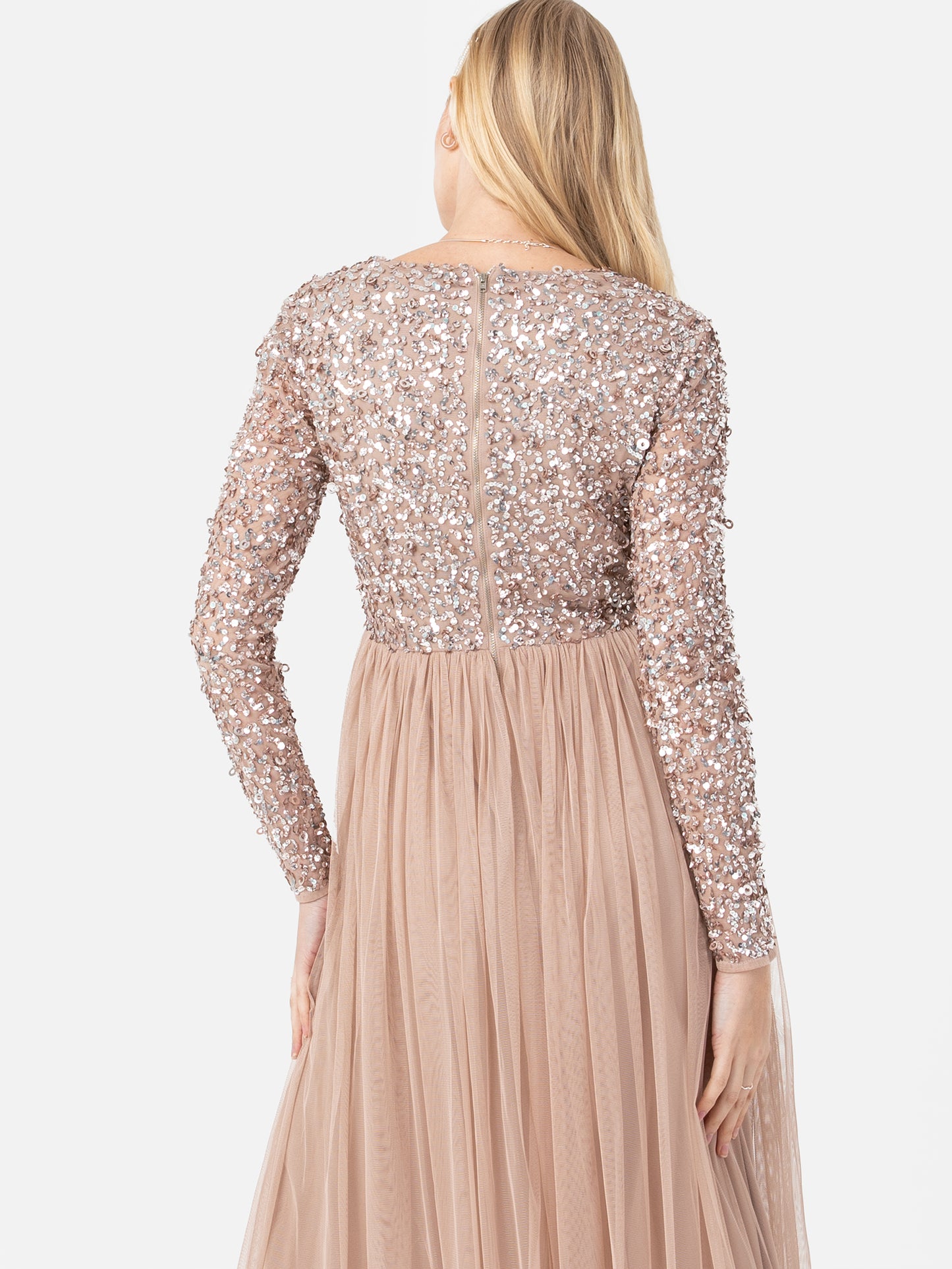 Maya Taupe Blush Faux Warp Front Embellished Maxi Dress