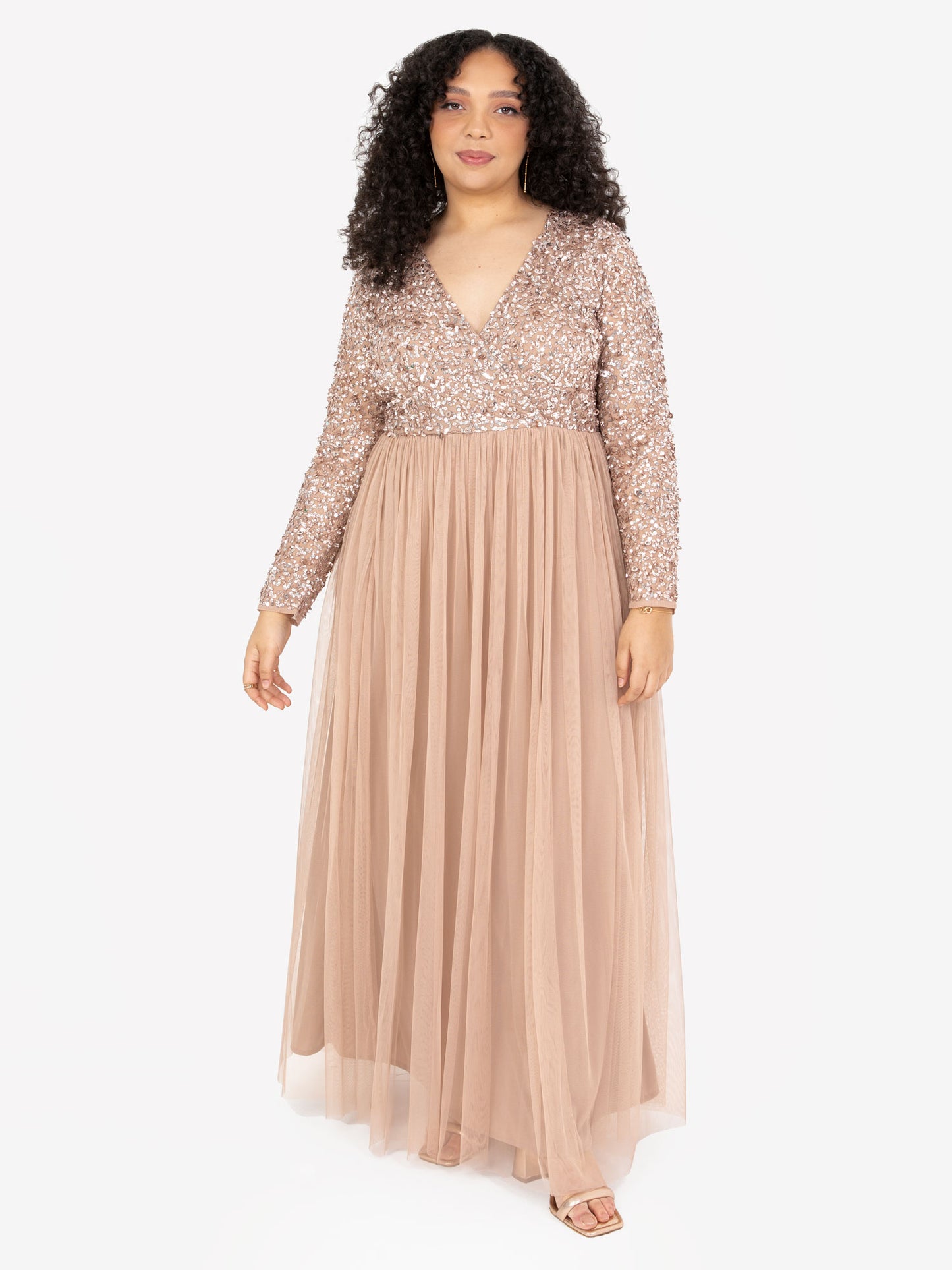 Maya Taupe Blush Faux Warp Front Embellished Maxi Dress
