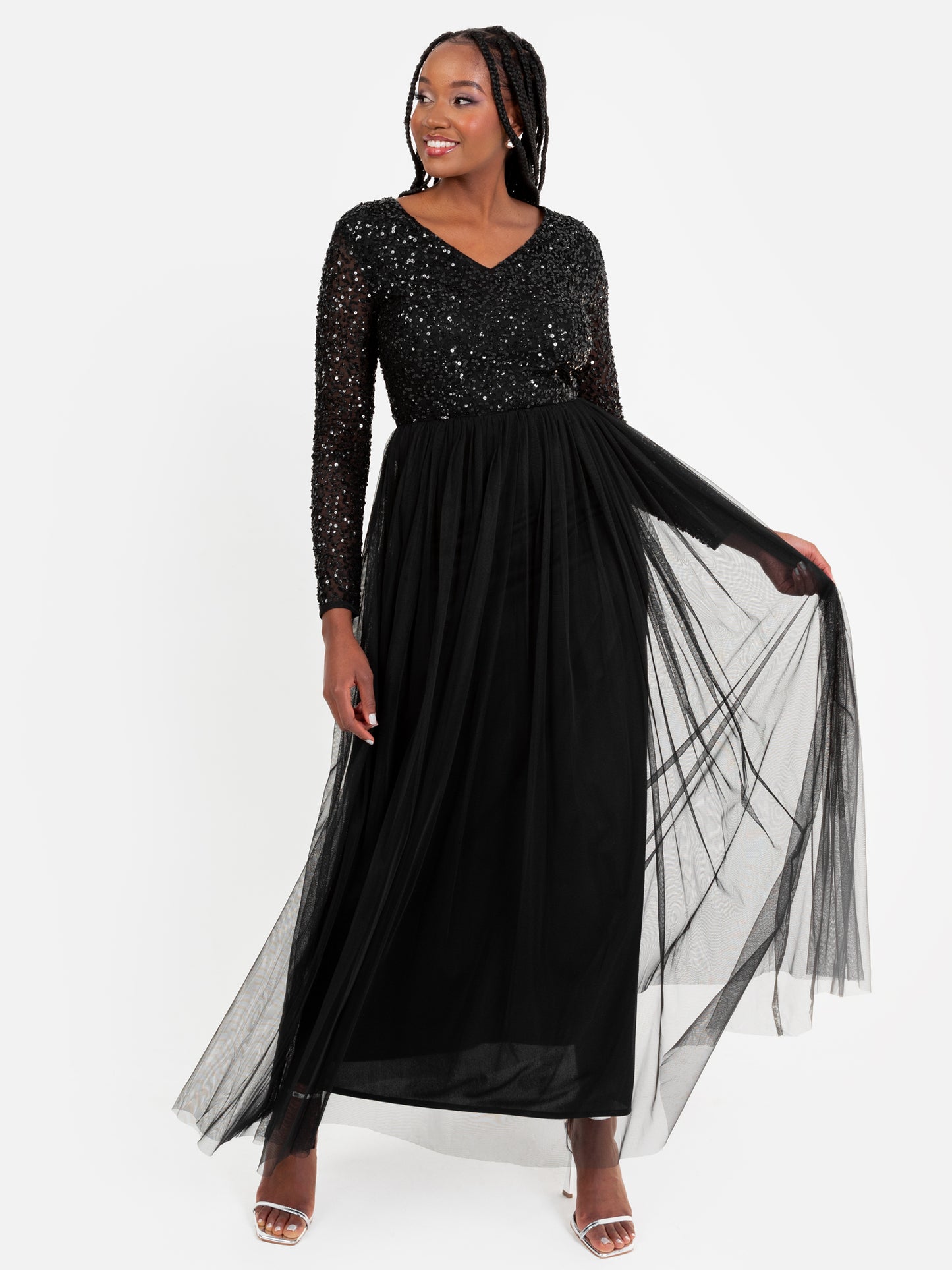Maya Black V Neck Embellished Long Sleeve Maxi Dress
