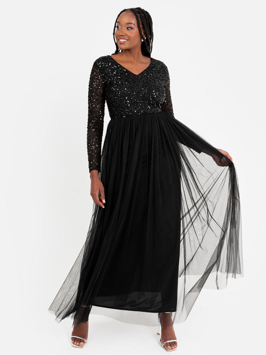 Maya Black V Neck Embellished Long Sleeve Maxi Dress