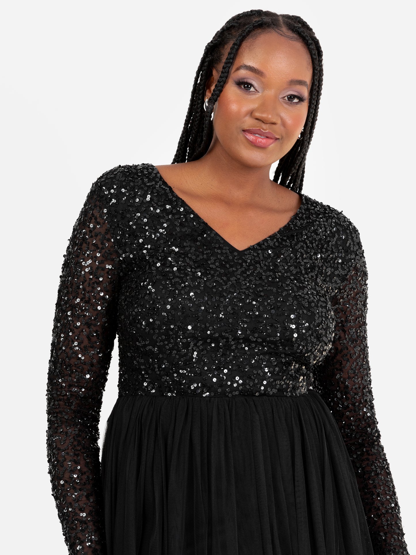 Maya Black V Neck Embellished Long Sleeve Maxi Dress