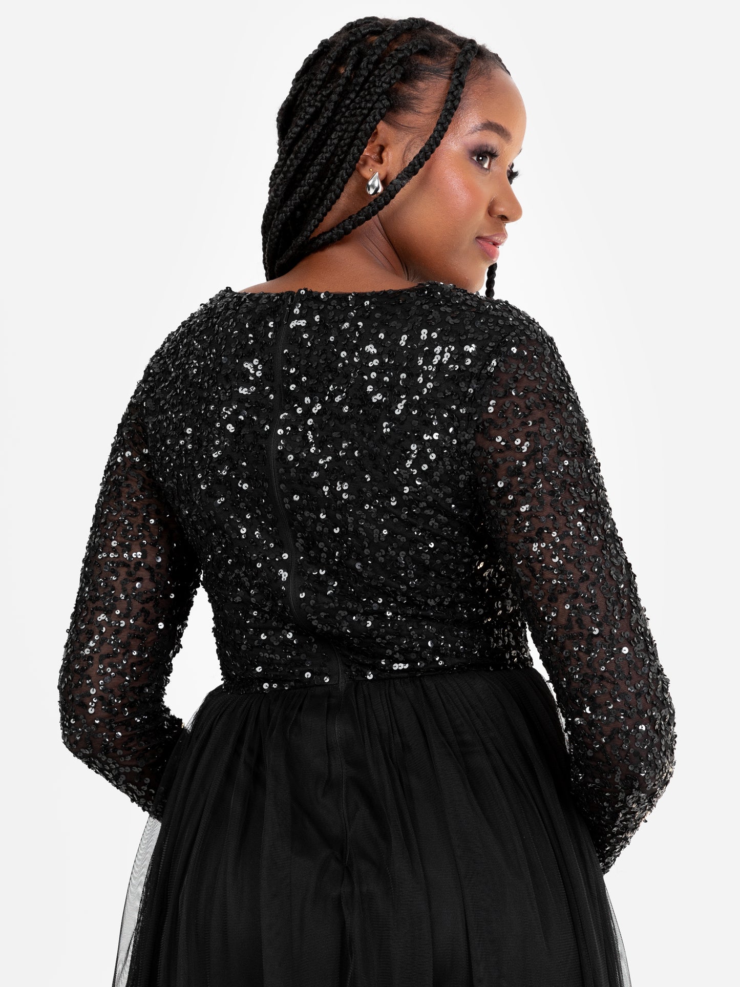 Maya Black V Neck Embellished Long Sleeve Maxi Dress