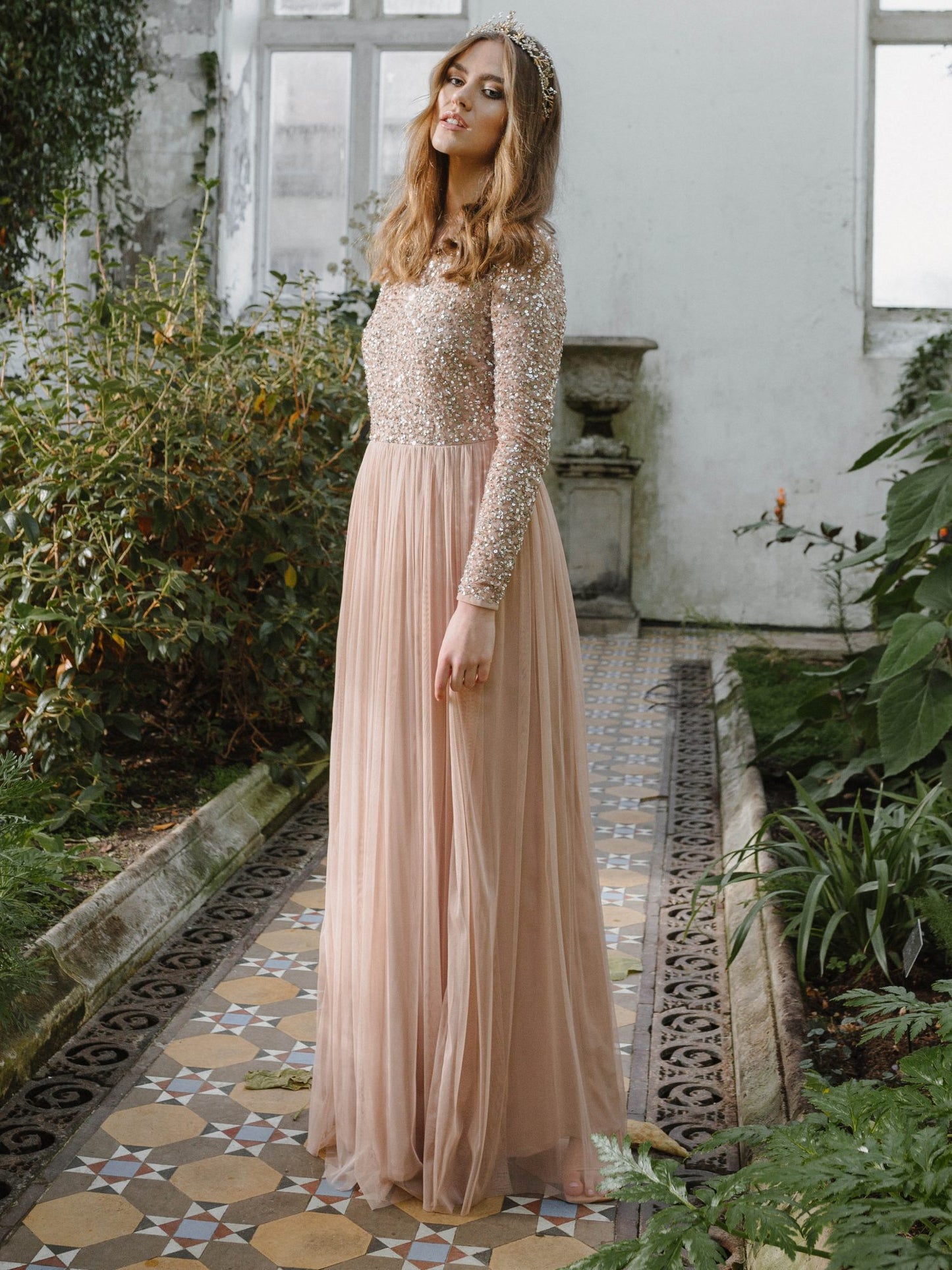 Maya Taupe Blush Embellished Long Sleeve Maxi Dress