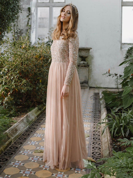 Maya Taupe Blush Embellished Long Sleeve Maxi Dress