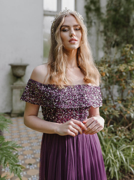 Maya Berry Bardot Embellished Maxi Dress