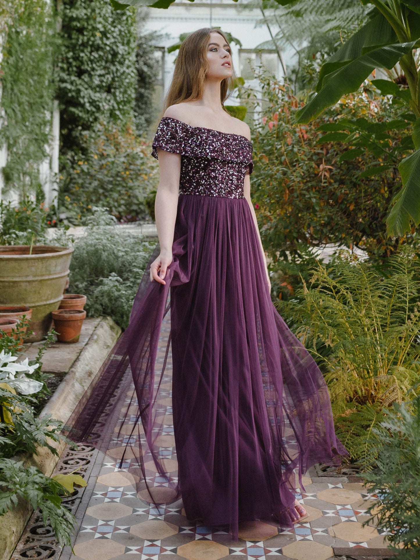 Maya Berry Bardot Embellished Maxi Dress