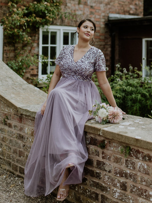 Maya Moody Lilac Short Sleeve V Neckline Embellished Maxi Dress