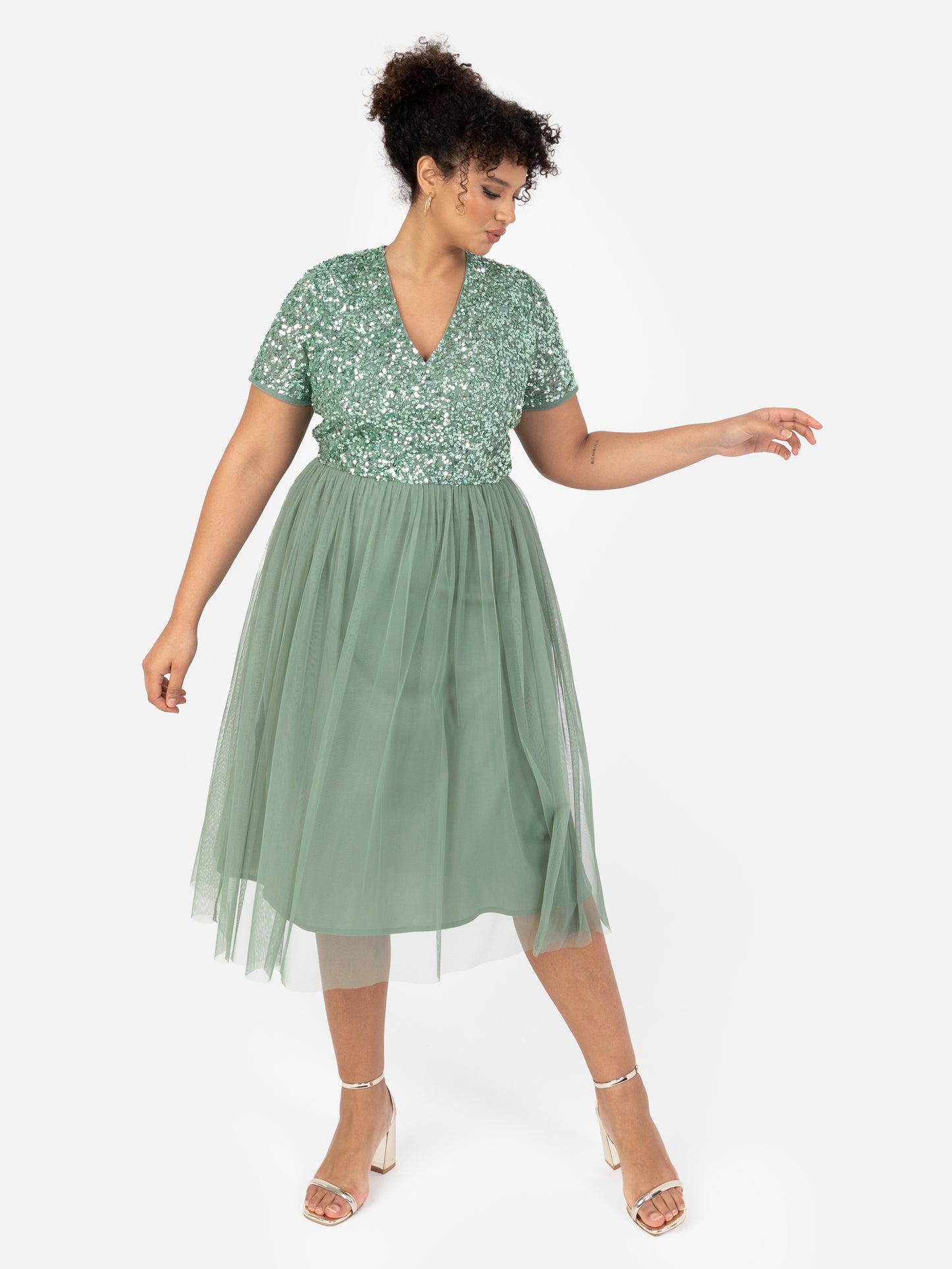 Maya Dark Sage Green V Neckline Embellished Midi Dress