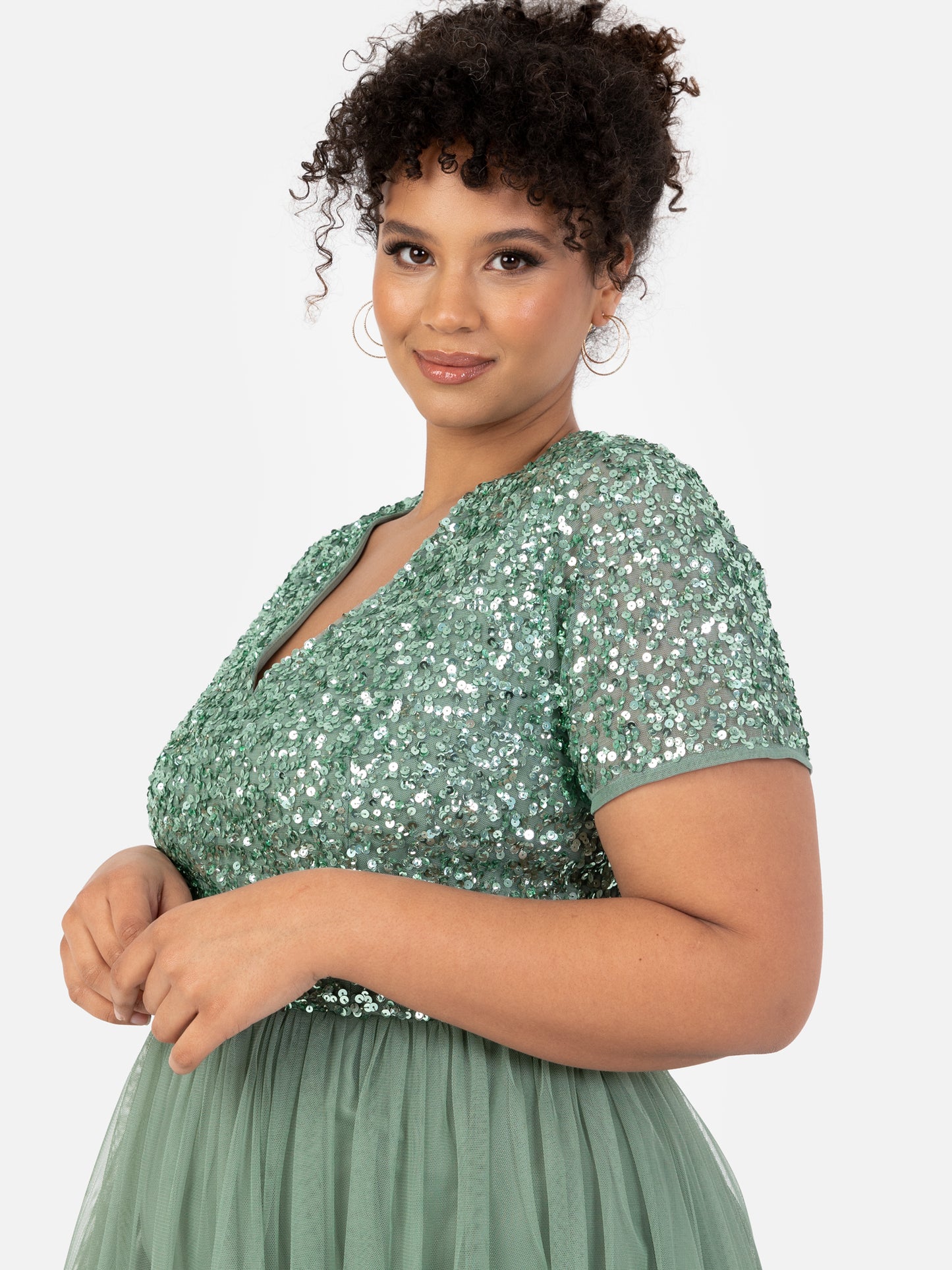 Maya Dark Sage Green V Neckline Embellished Midi Dress