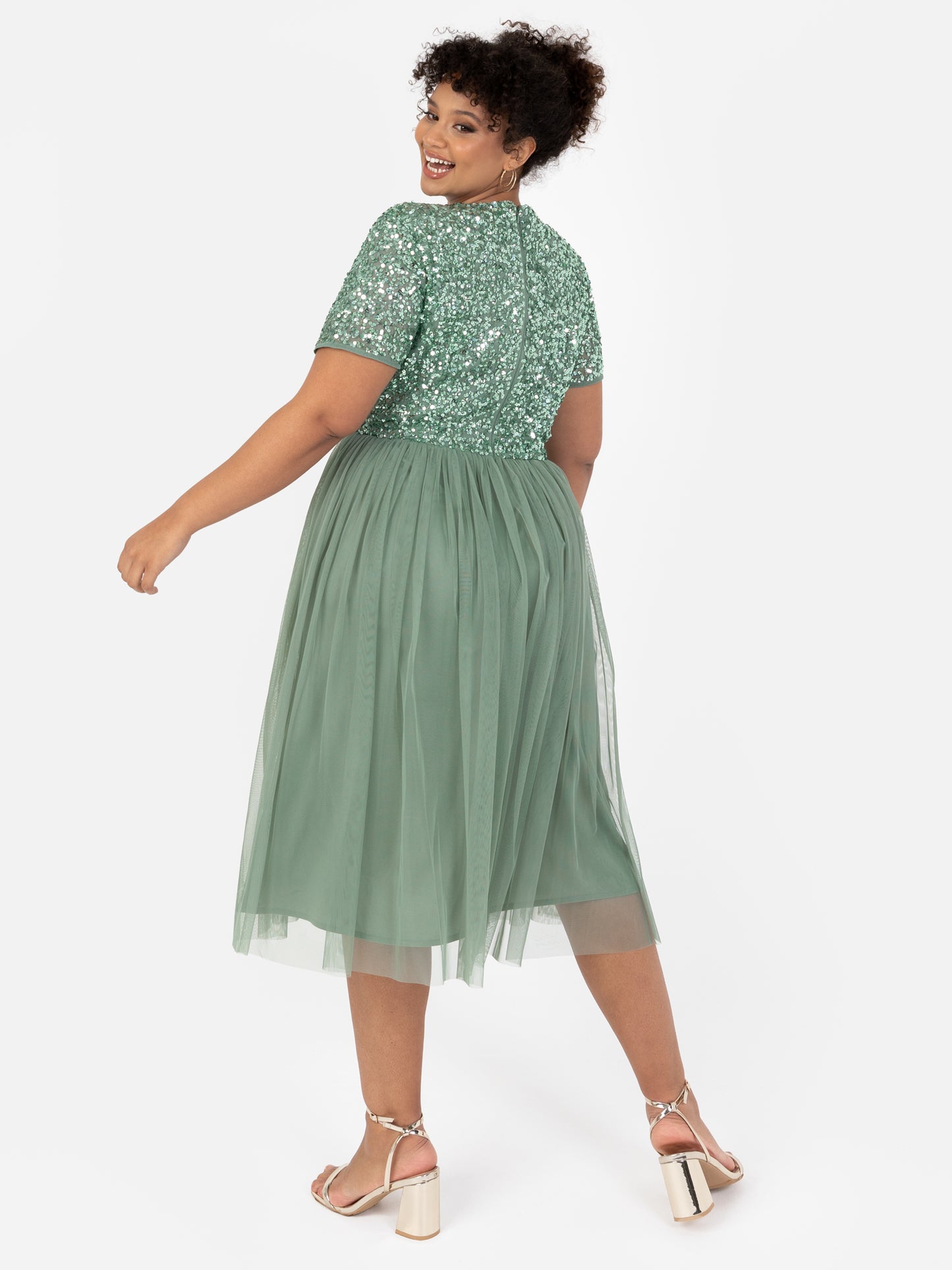 Maya Dark Sage Green V Neckline Embellished Midi Dress