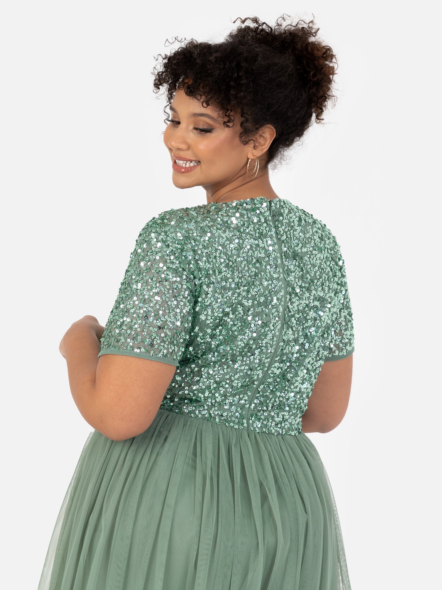 Maya Dark Sage Green V Neckline Embellished Midi Dress