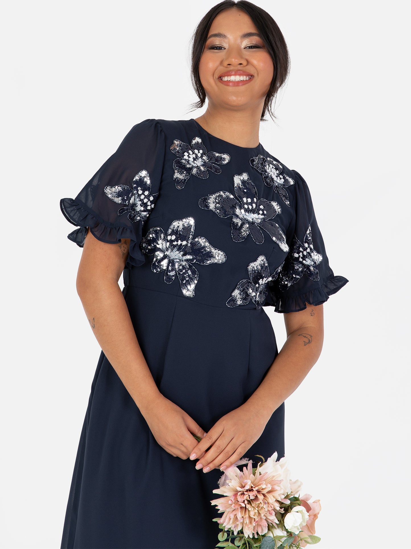 Maya Navy Floral Embellished Angel Sleeve Chiffon Maxi Dress