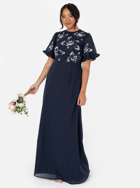 Maya Navy Floral Embellished Angel Sleeve Chiffon Maxi Dress