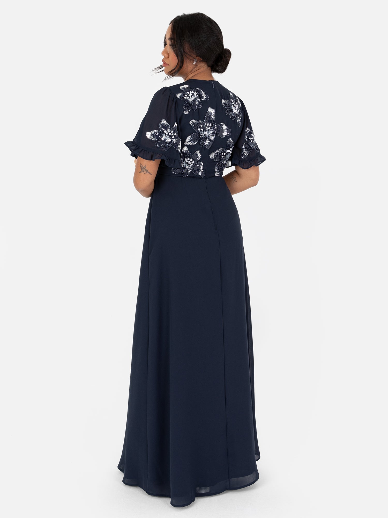 Maya Navy Floral Embellished Angel Sleeve Chiffon Maxi Dress