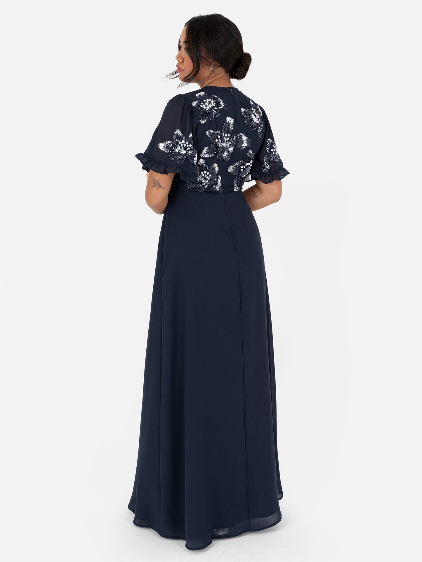 Maya Navy Floral Embellished Angel Sleeve Chiffon Maxi Dress