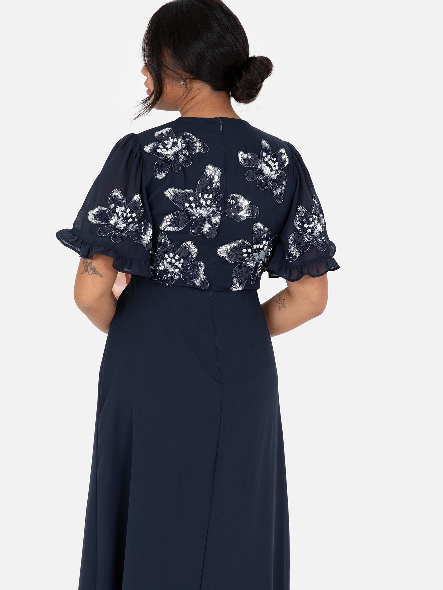 Maya Navy Floral Embellished Angel Sleeve Chiffon Maxi Dress – Maya Deluxe