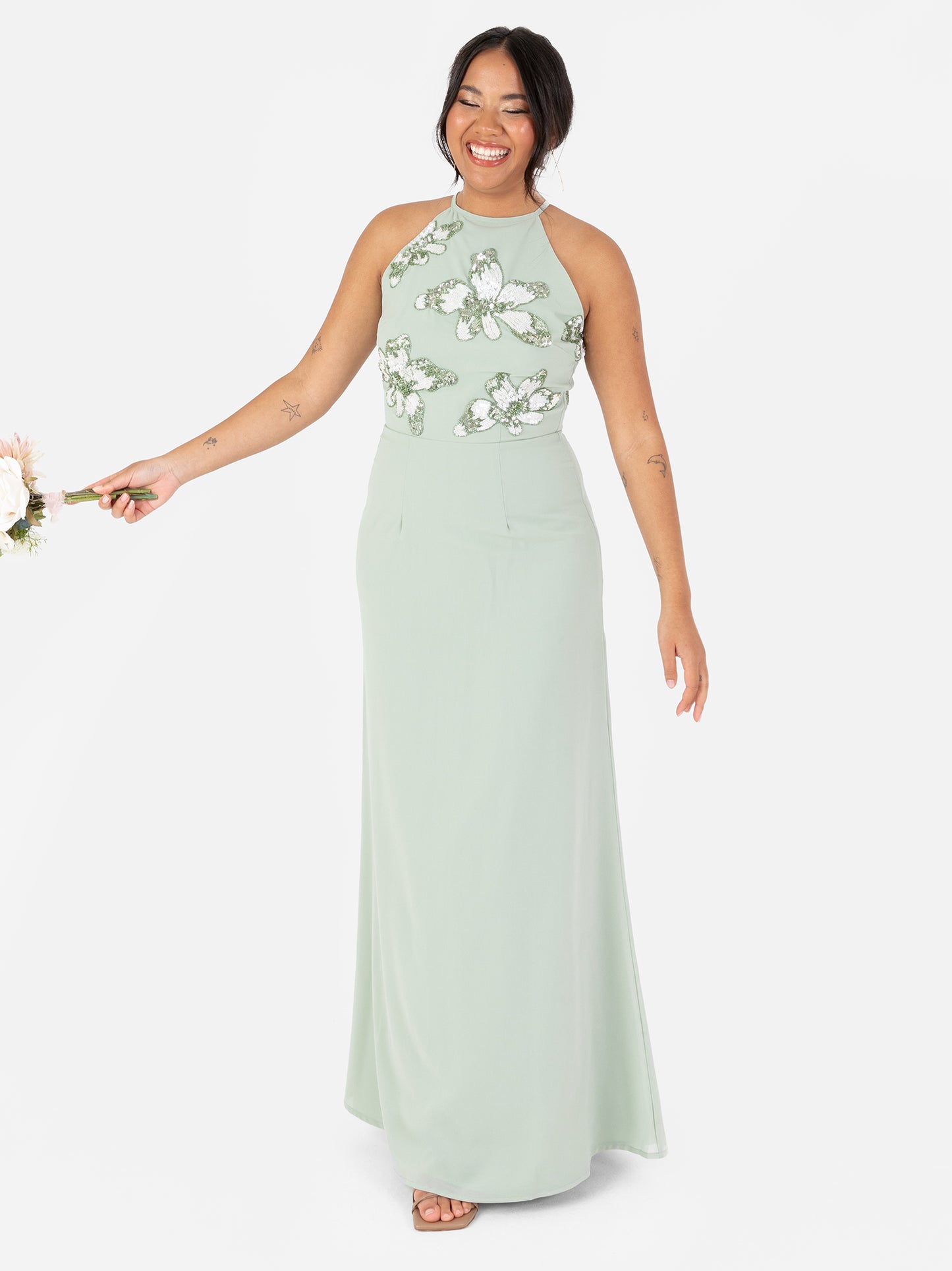 Maya Sage Green Floral Embellished Halter Neck Chiffon Maxi Dress