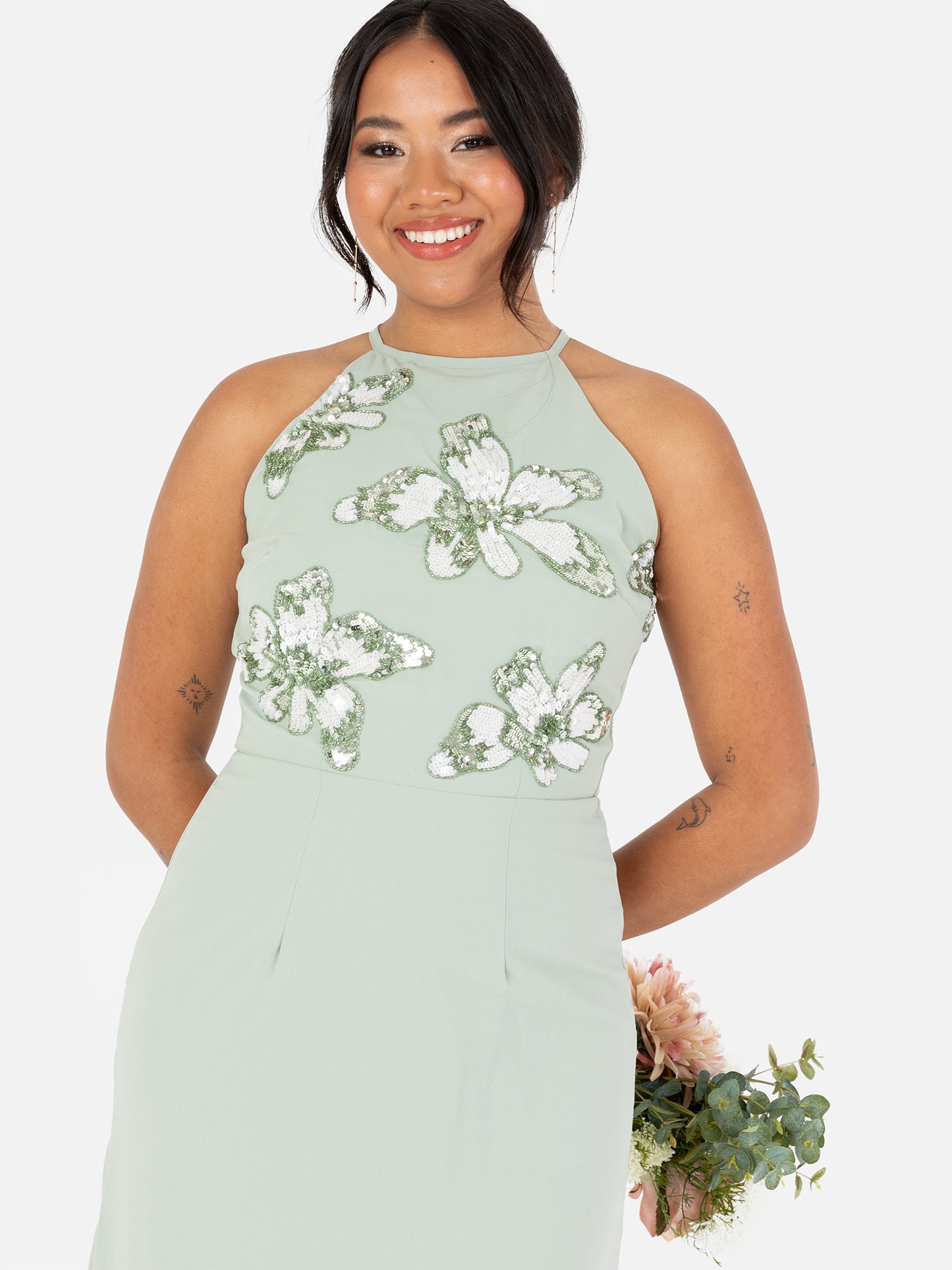 Maya Sage Green Floral Embellished Halter Neck Chiffon Maxi Dress