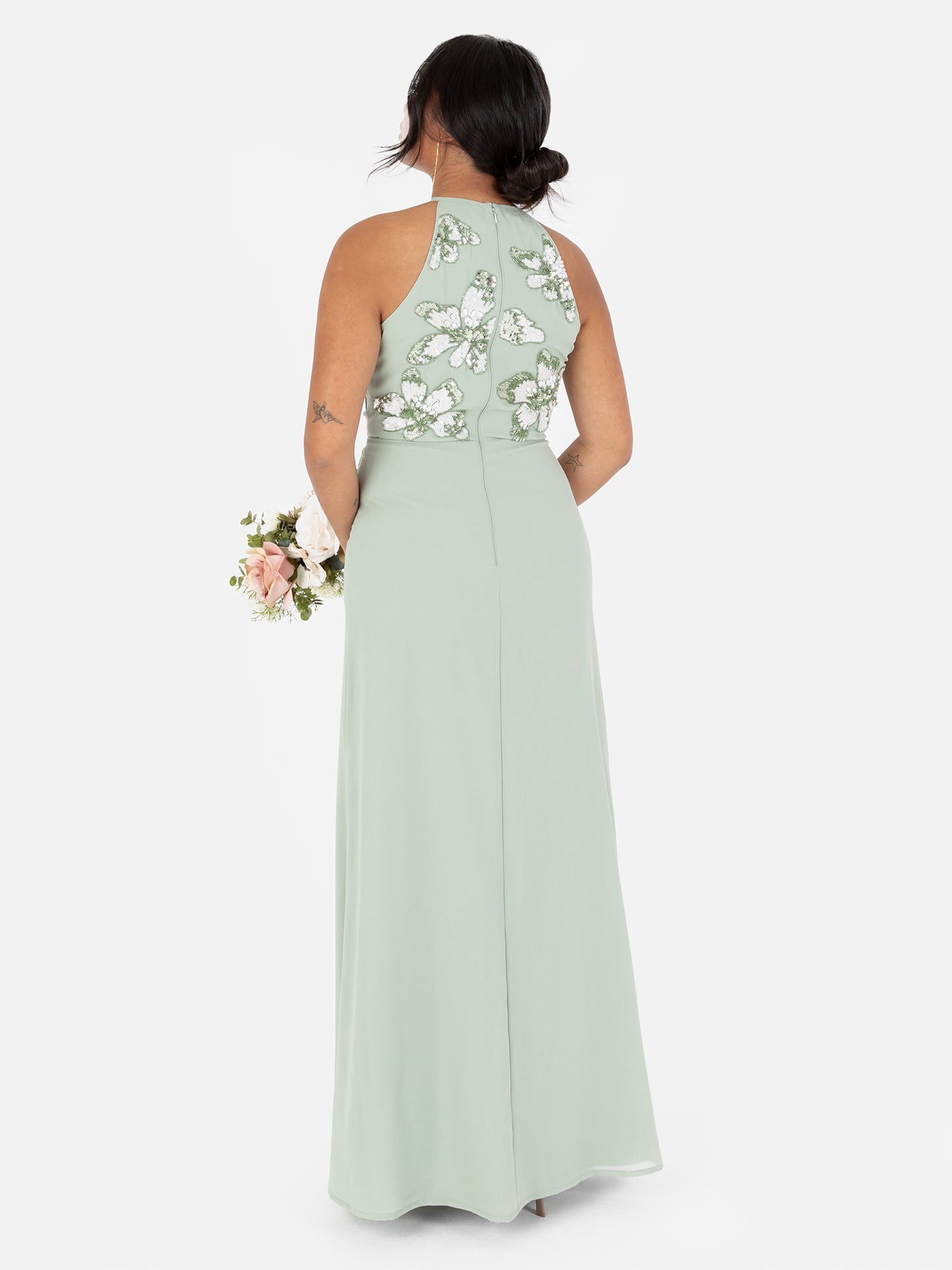 Maya Sage Green Floral Embellished Halter Neck Chiffon Maxi Dress