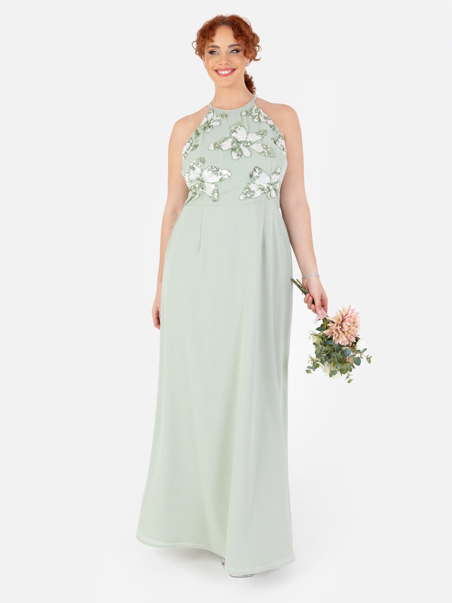 Maya Sage Green Floral Embellished Halter Neck Chiffon Maxi Dress