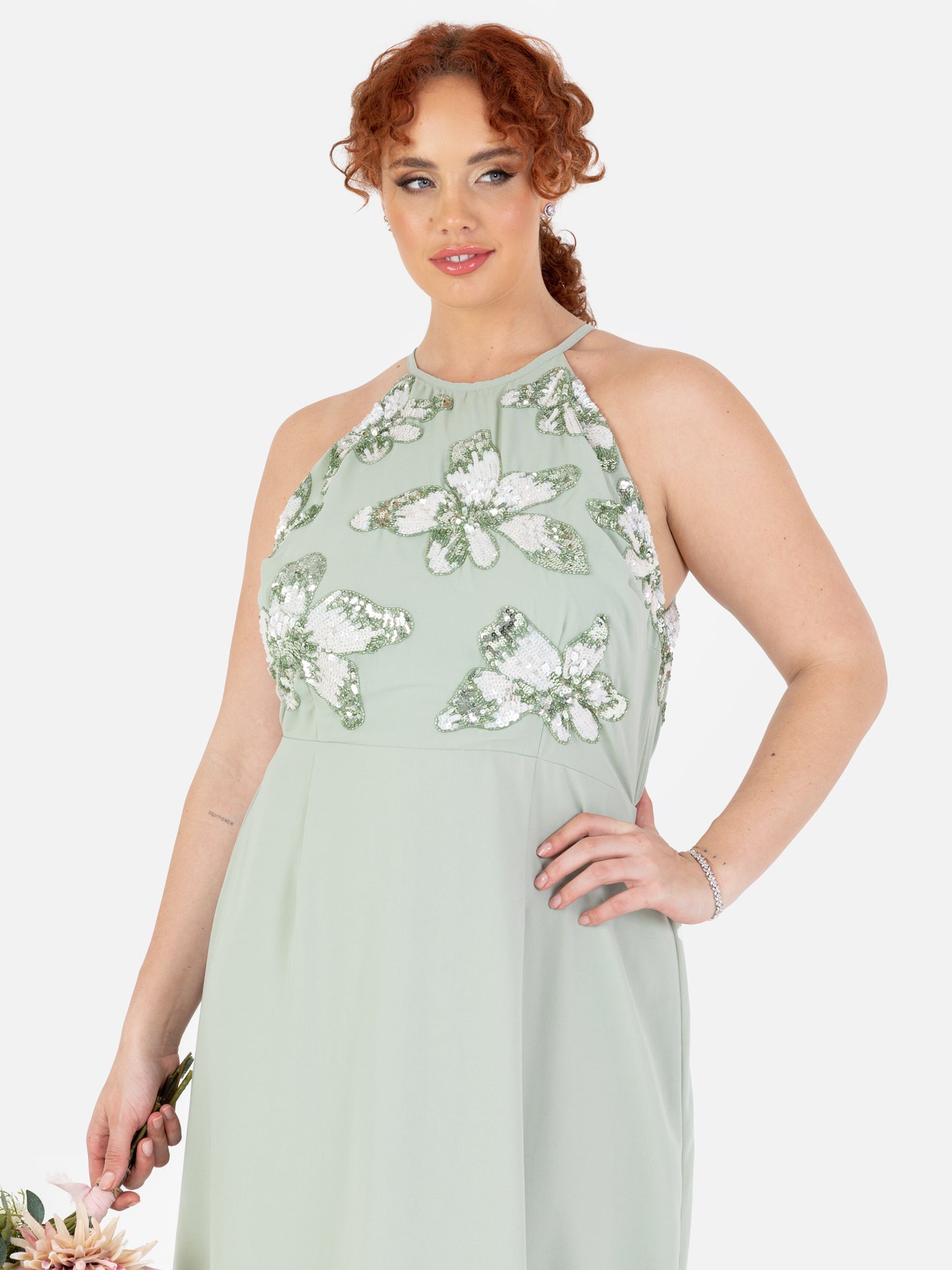 Maya Sage Green Floral Embellished Halter Neck Chiffon Maxi Dress