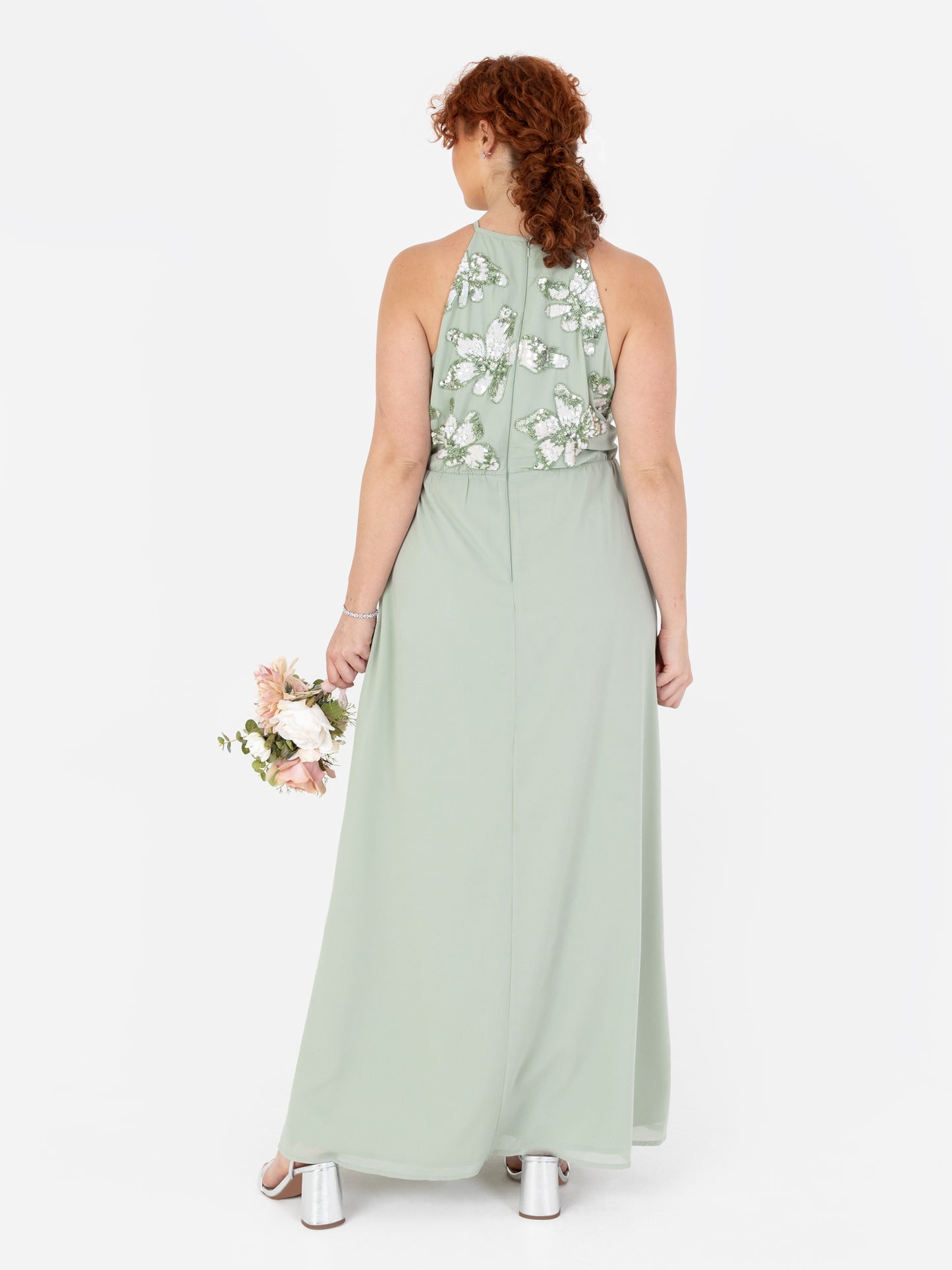 Maya Sage Green Floral Embellished Halter Neck Chiffon Maxi Dress