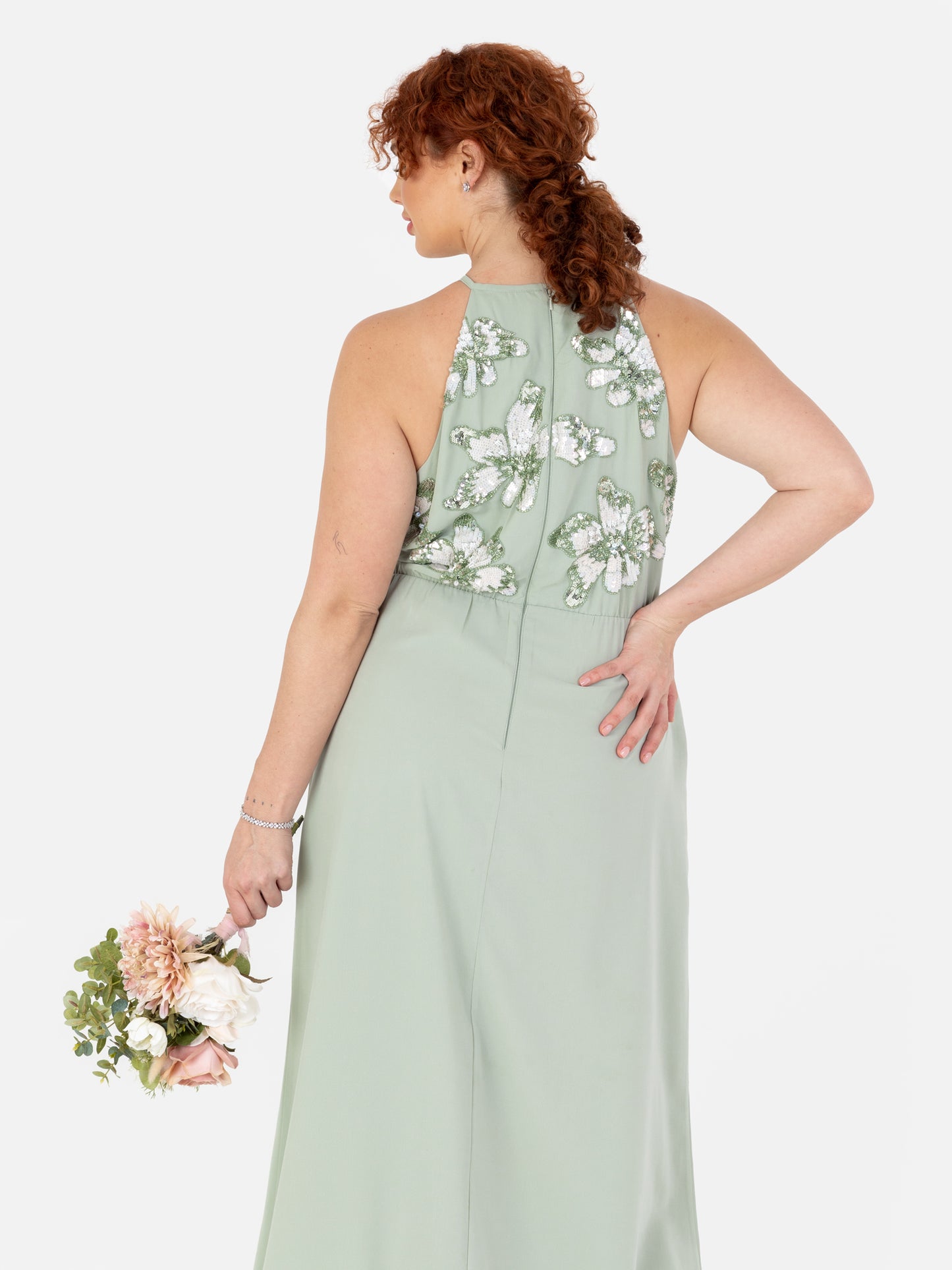 Maya Sage Green Floral Embellished Halter Neck Chiffon Maxi Dress